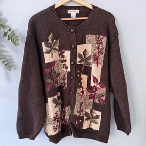 Dressbarn Cardigan Cottagecore Brown Floral Leaf Embroidered Knit Button Up Plus